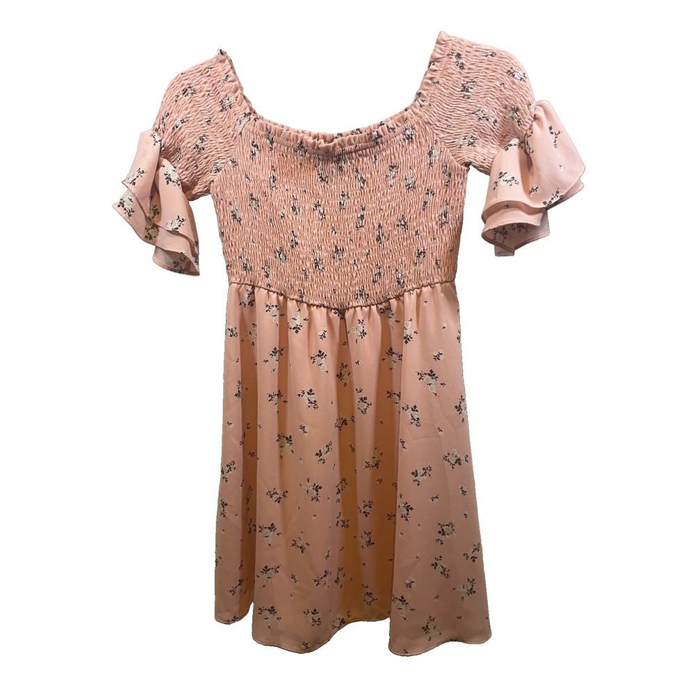 Forever 21 Pink Floral Peasant Mini Dress Ruched Bodice Women's S Coquette Y2K